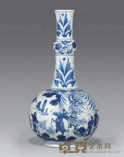 CIRCA 1660 A TRANSITIONAL BLUE AND WHITE BOTTLE VASE 